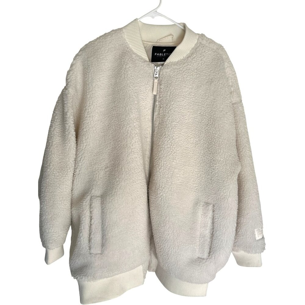 Fabletics Womens XL White Sherpa Khloe Bomber Jacket Ribbed Hem & Cuffs